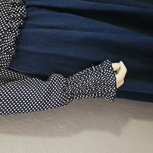 WISHLIST APPAREL Retro Navy Blue Polka Dot Ruffle Button Down Smock Poet Blouse - Picture 6 of 12